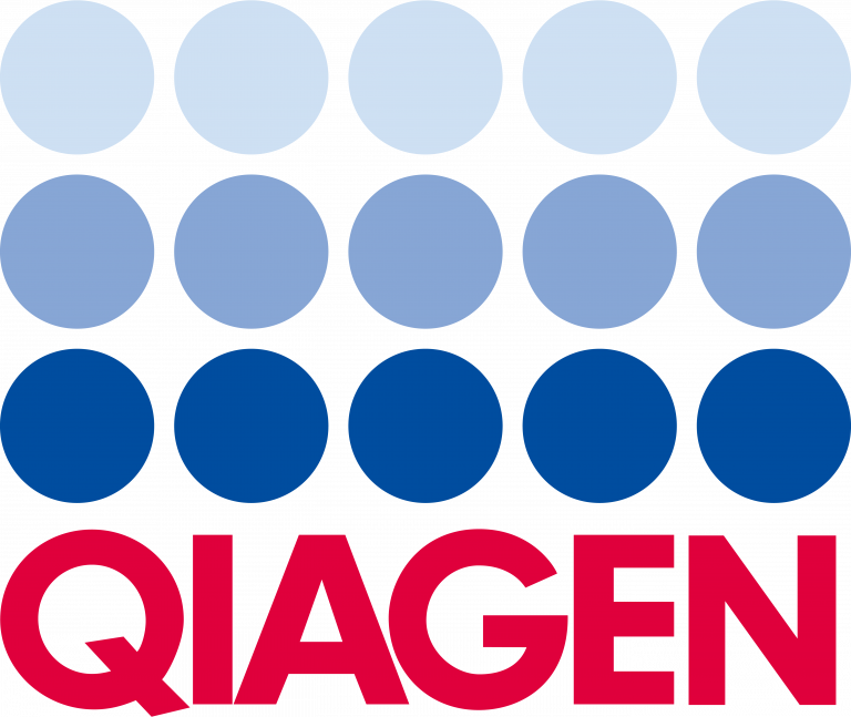QIAGEN logo, featuring three rows of circular dots that transition from light blue at the top to dark blue at the bottom, with the word “QIAGEN” in bold red lettering centered underneath the dots.