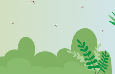 Illustration of several mosquitoes flying above green shrub-like vegetation in an outdoor setting with soft gradient lighting in the background.