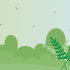 Illustration of several mosquitoes flying above green shrub-like vegetation in an outdoor setting with soft gradient lighting in the background.