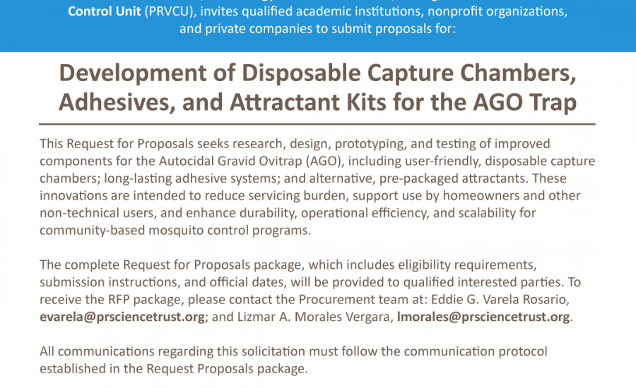 RFP publication from the Puerto Vector Control Unit, as part of their TITEC activities. They are looking for partners to collaborate in a new project to enhance the actual Autocidal Gravid Ovitrap (AGO). They need tape, adhesive, disposable capture chambers, and others.