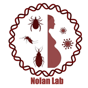 Circular logo featuring silhouettes of insects surrounding a human profile, with the text “Nolan Lab” displayed below in red.