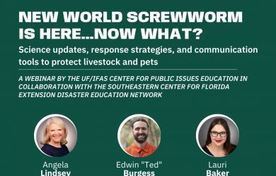 Promotional webinar flyer with a dark green background. The flyer announces: “New World Screwworm Is Here… Now What?” and highlights science updates, response strategies, and communication tools to protect livestock and pets. The webinar is scheduled for June 30, 2026, from 12:00 p.m. to 1:00 p.m. EDT. The event is described as a webinar by the UF/IFAS Center for Public Issues Education in collaboration with the Southeastern Center for Florida Extension Disaster Education Network. Three circular speaker headshots are displayed with the names Angela Lindsey, Edwin “Ted” Burgess, and Lauri Baker beneath them. At the bottom are organizational logos, including the Florida EDEN (Extension Disaster Education Network) logo and the Southeastern Center of Excellence in Vector-Borne Disease logo. The design uses white text and logos against a dark green background.